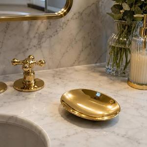 Jabonera Ovalada Portátil GLOSSY TOUCH ART para Baño, Diseño Contemporáneo de Lujo en Latón Dorado Cepillado - Product Image 1