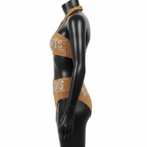 ชุดบิกินี่ไนลอนสแปนเด็กซ์ GSM คุณภาพสูง สีน้ำตาลอ่อน เนื้อผ้ายืดหยุ่นเรียบ ประดับด้วยคริสตัล  รับสกรีนโลโก้ตามแบบ ชุดบิกินี่สำหรับผู้หญิง - Product Image 3