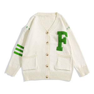 Men's Cream V-Neck Thick <b>Cardigan</b> <b>Sweater</b> with Green Letter F Patch Solid Breathable Full Sleeve Button Closure Winter Wear - Product Image 1