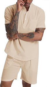Conjunto de camisa Henley y pantalones cortos de lino y algodón para hombre, 2 piezas, ropa de playa, traje a juego para vacaciones, ropa de verano - Product Image 2