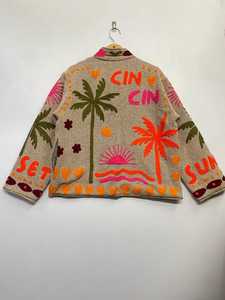 Chaqueta de Tweed Bordada con Palmeras Tropicales y Rayos de Sol, Estilo Boho, para Vacaciones, Abrigo Suzani - Product Image 2
