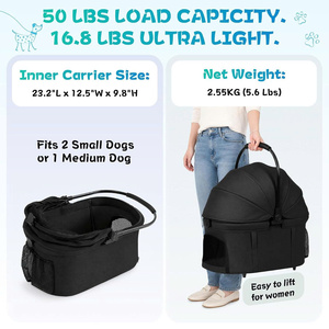 Poussette pliable 3-en-1 pour chiens de taille moyenne et petits animaux avec panier amovible, capote sans fermeture éclair et finition noire - Product Image 2