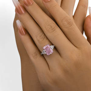 Radiant Cut <b>Pink</b> Lab Diamond Halo Ring White Gold Engagement Ring Pear Side Stone Pave Band Luxury Bridal Ring - Product Image 2