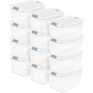 Set da 12 Contenitori Impilabili in Plastica Trasparente da 64 Quarti con Coperchi Bianchi, Organizzatori con Chiusura per Armadio e Camera da Letto - Product Image 1