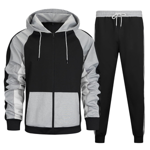 Men's Navy Blue Fleece Tracksuit Full Zipper Sporty Sweatshirt <b>Pants</b> Set Gray Panels Breathable Regular Fit Winter Wear - Product Image 1