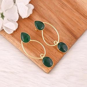 <b>Emerald</b> Hydro Gemstone Brass Earrings Gold Plated Bezel Setting Women's Statement Fashion Jewelry - Product Image 2