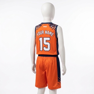Ensemble d'uniformes de basket-ball personnalisés pour jeunes, maillot et short sublimés pour enfants, garçons et filles, nom et numéro de l'équipe, orange marine, 100% polyester, col en V - Product Image 3