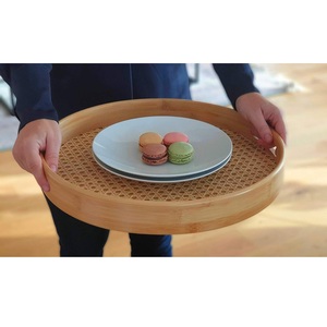 Lightweight Bamboo Serving Tray with Rattan Bottom <b>Round</b> Tray for Breakfast Food Serving - Product Image 3