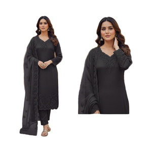 Ensemble haut et bas en viscose douce effet cristal avec dupatta en organza lourd brodé pour un look shalwar kameez féminin sans plis - Product Image 1