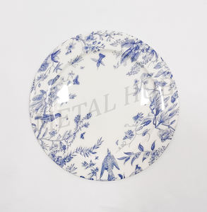 Assiette de présentation ronde décorative en métal avec motif floral émaillé oiseau bleu, vaisselle en acier inoxydable pour la mise en place de la table - Product Image 3