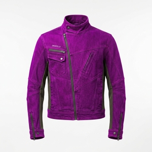 Chaqueta de Motociclista para Hombre de Lona Vaquera Lavada Morada con Cremallera Descentrada, Estilo Urbano Táctico, Abrigo Exterior Personalizado para Motociclista - Product Image 1