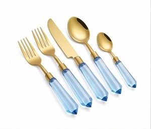 Elegant Gold Flatware Set <b>With</b> Blue <b>Crystal</b> Handles Dishwasher Safe Durable Wedding Piece Table top use - Product Image 1