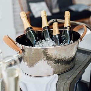 Luxury Hammered Stainless Steel Oval <b>Ice</b> Bucket With Leather Handles Premium Champagne Wine Party Beverage Tub For Wedding - Product Image 6