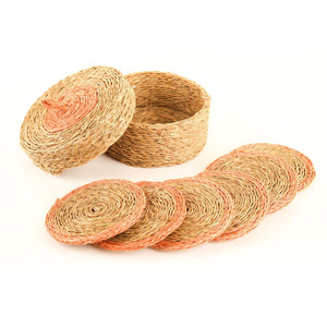 Handmade <b>Round</b> Seagrass Woven Coasters Bohemian Style <b>Table</b> Decor <b>Set</b> of <b>4</b> Natural Brown and Beige Made in Vietnam HNH Craft - Product Image 2