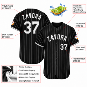 Maillot de baseball noir à rayures fines pour homme, manches courtes, col en V, boutons sur le devant, lettrage gothique, nom et numéro d'équipe personnalisés, uniforme - Product Image 3