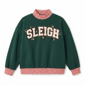 Women's Green Knitted Sweatshirt Mock Neck Embroidered Sleigh Christmas Design Red Check Trim Winter Long Sleeve Regular Fit - Product Image 1