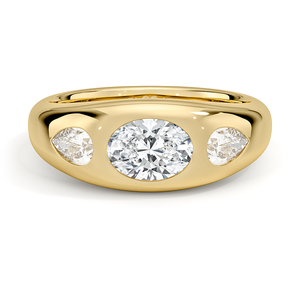 Bague à trois pierres en diamant taille ovale, monture clos en or jaune, classique, pour femme, bijoux fins de fiançailles - Product Image 1