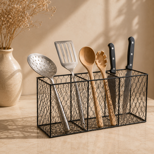 Rustic Mango Wood Cutlery Holder With Multiple Compartments And Metal Handles Perfect For Kitchen Dining And <b>Table</b> Organization - Product Image 5
