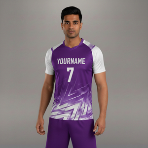 เสื้อฟุตบอลผู้ชายสีม่วงแบบสั่งทำปี 2026 คอวี แขนสั้น พิมพ์ลายเรขาคณิตแบบระเหิด ซับเหงื่อ แห้งเร็ว เหมาะสำหรับเล่นกีฬา - Product Image 4