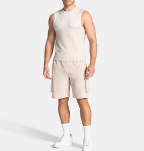 Premium Beige Custom Men’s Sleeveless Tank Top and Cargo Shorts <b>Set</b> 2 Piece 100% Cotton Breathable Gym Sportswear Summer Outfit - Product Image 1