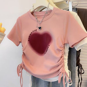 เสื้อยืดแขนสั้นทรงเข้ารูปคุณภาพสูง ดีไซน์เชือกรูด พิมพ์ลาย คอกลม สไตล์ลำลองสำหรับผู้หญิง เสื้อยืดพิมพ์ลาย ขายส่ง - Product Image 4