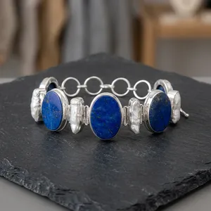 Blue Lapis Lazuli 925 Sterling <b>Silver</b> Handmade Gemstone <b>Bracelet</b> with Oval Stone Chunky Fashion <b>Bracelets</b> for Women - Product Image 3