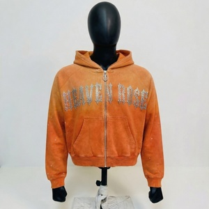 Sweat à capuche zippé personnalisé délavé à l'acide, orné de strass, style streetwear oversize en molleton de coton, mode Y2K, vente en gros - Product Image 2
