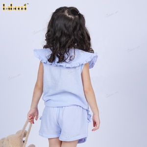 Blue ODM Wholesale Girls Clothing Sets Casual Smocked with Character Pattern Hand Embroidered Floral Collar 100% Cotton-DR4079 - Product Image 3