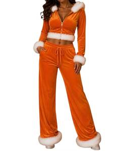 Orange Velvet Hooded Breathable Tracksuit Two Piece Jogger Set with White <b>Fur</b> <b>Trim</b> Zip up Crop <b>Top</b> Winter - Product Image 1