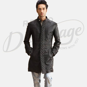 Manteau long en cuir véritable noir pour homme avec design matelassé, coupe ajustée, col montant, manteau de mode, veste en peau de mouton de qualité supérieure - Product Image 1