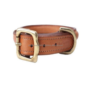 Collier de chien en cuir roulé rembourré confortable en cuir de selle véritable marron noir et beige avec quincaillerie en laiton - Product Image 3