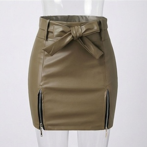 Jupe crayon mini en similicuir taille haute pour femme avec nœud décoratif et fermetures éclair latérales, style sexy toutes saisons - Product Image 1