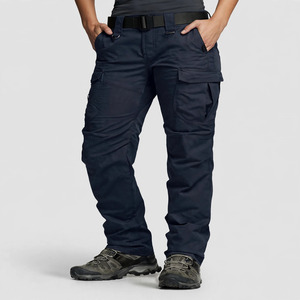 Pantalon cargo bleu foncé pour femme, coupe droite, longueur intégrale, plusieurs poches, fermeture éclair, style utilitaire, mélange polyester-coton, séchage rapide - Product Image 1