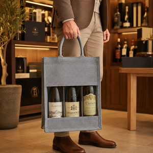 Bolsa de Transporte para Tres Botellas de Vino, Personalizada, de Algodón Reciclado, con Ventana de PVC Laminado, Impresión Serigrafiada, para Regalo, Venta al Por Mayor, 27x34x10cm - Product Image 2