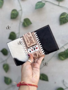 Hand Tooled Carving Cards Wallet Clutch Phone Case Stylish Cowhide <b>Fur</b> Leather Wallet Multi Uses Western Leather Wallets - Product Image 2