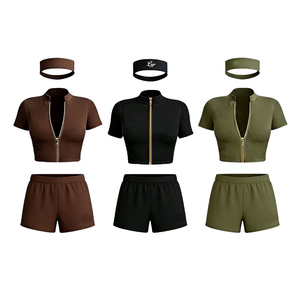 Top Trending Hot Selling Summer Women's Casual <b>Workout</b> Sets Zip Short Sleeve <b>Jacket</b> Shorts 2-Piece Solid Customized - Product Image 5