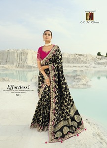Sarees Más Populares, Elegante Saree de Seda Negra con Trabajo de Zari Dorado, Blusa Rosa Incluida, Ropa para Bodas y Fiestas - Product Image 1