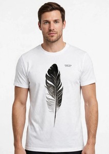 ONETEN APPAREL T-shirt blanc à manches courtes pour homme, coupe classique, col rond, avec imprimé plumes noires - Product Image 1