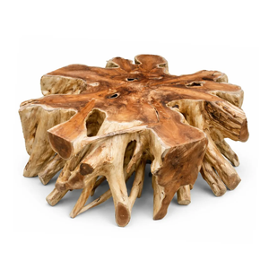 Organic Solid Teak Root <b>Coffee</b> <b>Table</b> with Round Glass Top <b>Rustic</b> Modern Design Live Edge Natural Wood Luxury Furniture - Product Image 1
