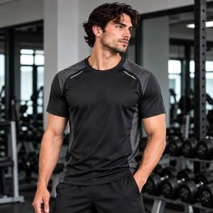 T-shirt de sport pour homme, noir, manches raglan, séchage rapide, col rond, coupe classique, tricoté en polyester, vêtements de sport - Product Image 3
