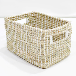 Seagrass Rectangle Rustic Eco-Friendly Multifunction Storage <b>Basket</b> Hand-Woven <b>White</b> Plastic Wrap Bin for <b>Laundry</b> - Product Image 3