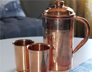 Copper jug set for relaxation inspired dining setup water serving metal set with <b>glasses</b> durable reusable kitchen dining drinkwa - Product Image 3