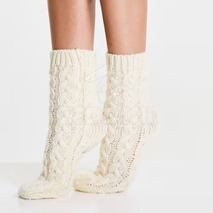 <b>Cream</b> Knitted Knee High <b>Socks</b> 100% Cotton Standard Warm Autumn Casual Breathable Solid Eco-Friendly Anti-Slip for Adults - Product Image 6