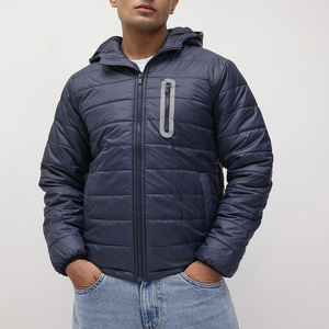 Men's Hooded Puffer <b>Jacket</b> Winter <b>Lightweight</b> Warm Casual Zipper Closure Solid Color Polyester Outerwear - Product Image 2