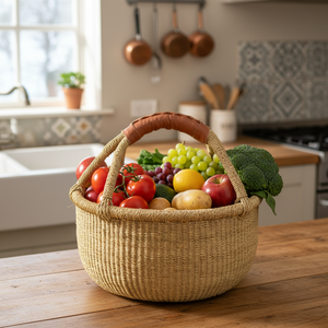 Cesta Bolga de hierba marina natural con asa de cuero, estilo africano, hecha a mano para almacenamiento ecológico, compras y uso doméstico. - Product Image 3