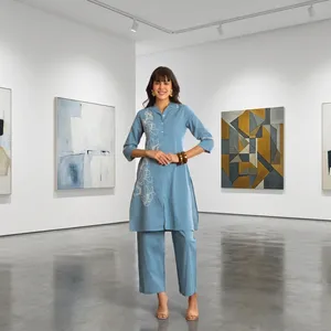 Blue <b>Linen</b> Embroidered Kurta <b>Set</b> Turn-down Collar Three Quarter Sleeve Loose Fit Midi Dress Casual Pants Summer Wear - Product Image 2