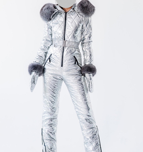 Women <b>Silver</b> Quilted Ski Jumpsuit with Fur Hood <b>Gloves</b> Zipper Closure Waterproof 10,000mm Synthetic Insulation Winter Snow Wear - Product Image 6