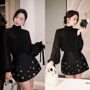 Elegante conjunto de dos piezas para mujer con top de manga abullonada y falda de línea A, diseño personalizado de Vietnam Manufacturing Clothing. - Product Image 5