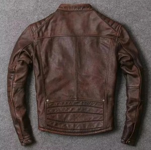 Veste de moto en cuir véritable marron pour homme, col montant, fermeture éclair, style motard, vêtement d'automne - Product Image 4
