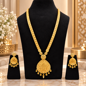 Conjunto de Collar Largo de Cobre y Latón Estilo Herencia con Colgante Bañado en Oro de 24K y Pendientes a Juego, Joyería Nupcial India para Bodas y Fiestas - Product Image 1